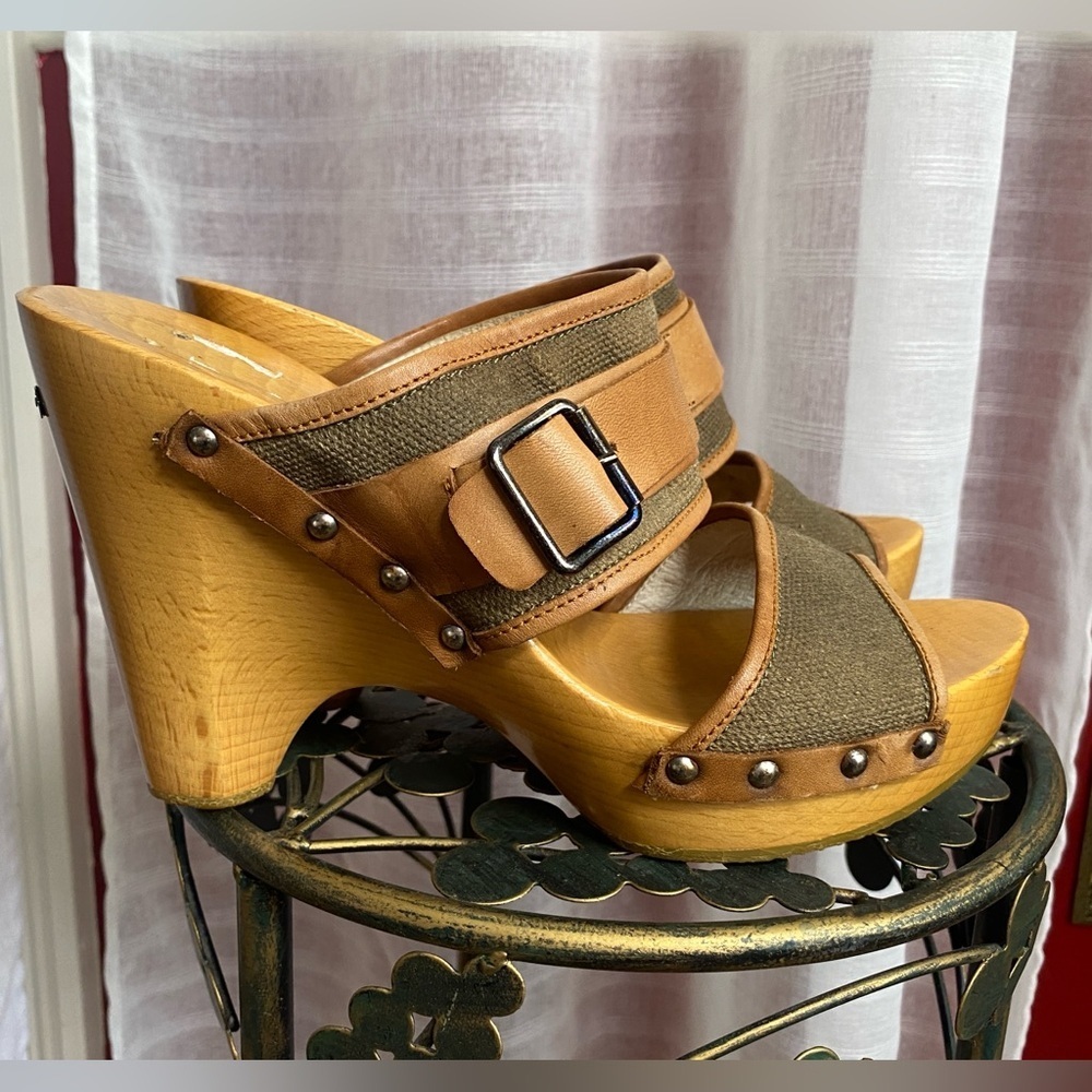 CNC Costume National Wood & Leather Platform Clog Sandal Size 41 Vintage - Picture 4 of 15